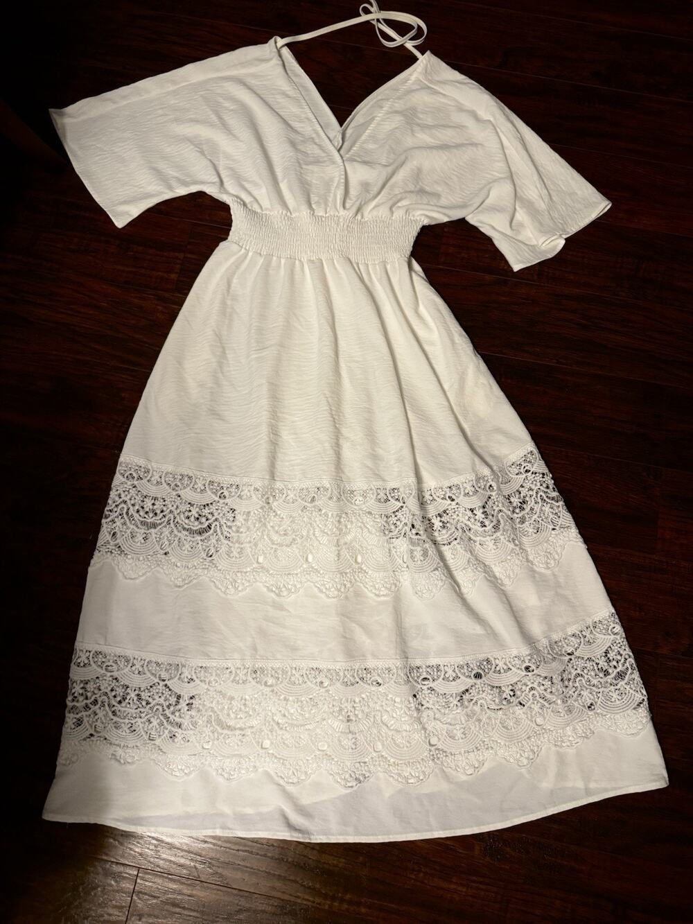 OLAESA Dress Maxi White Lace Short Sleeve Beach Stretch Waist Large